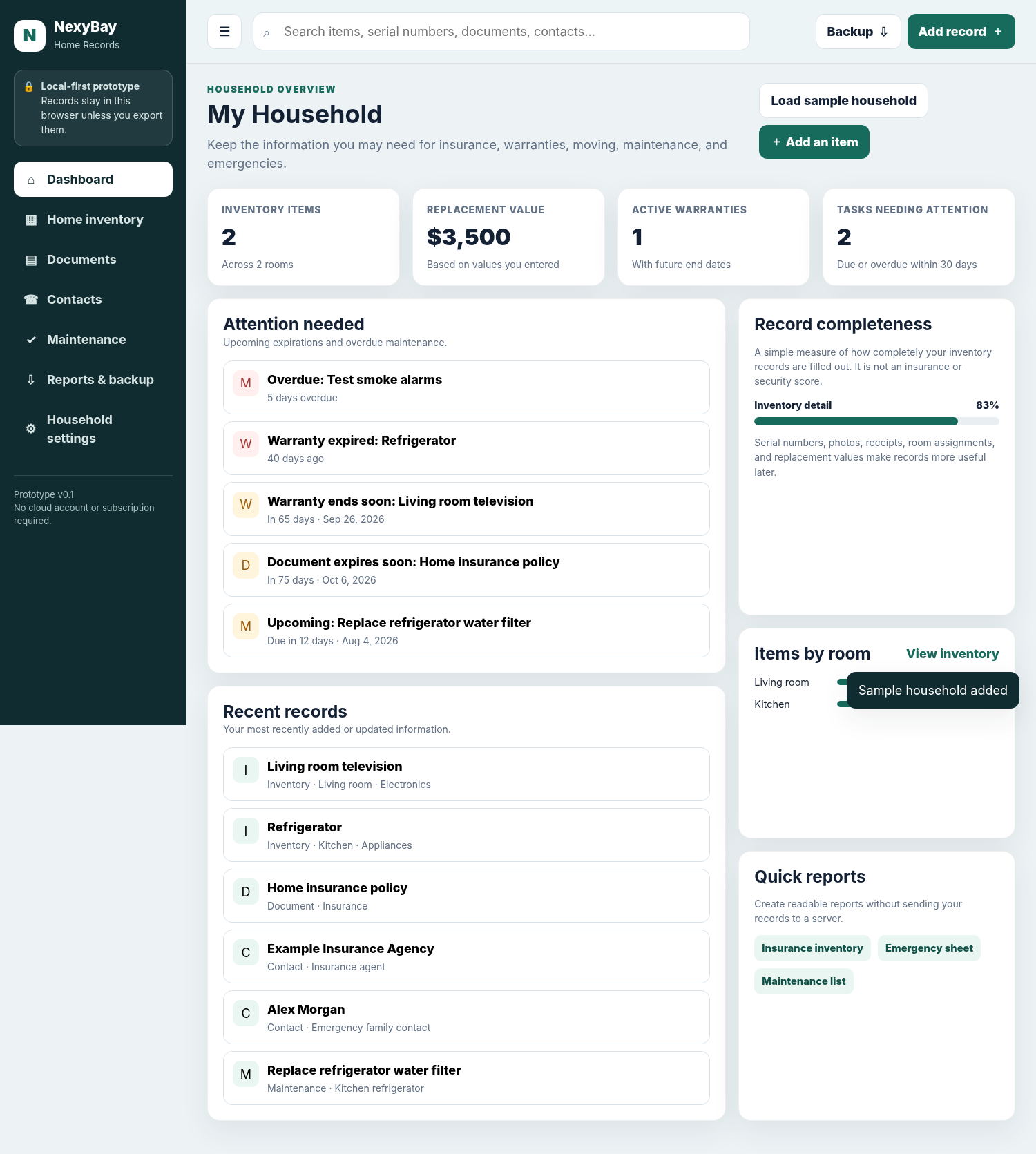 Detailed NexyBay Home Records dashboard showing household inventory and records